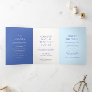 Invitación Tríptica Boda moderna azul elegante
