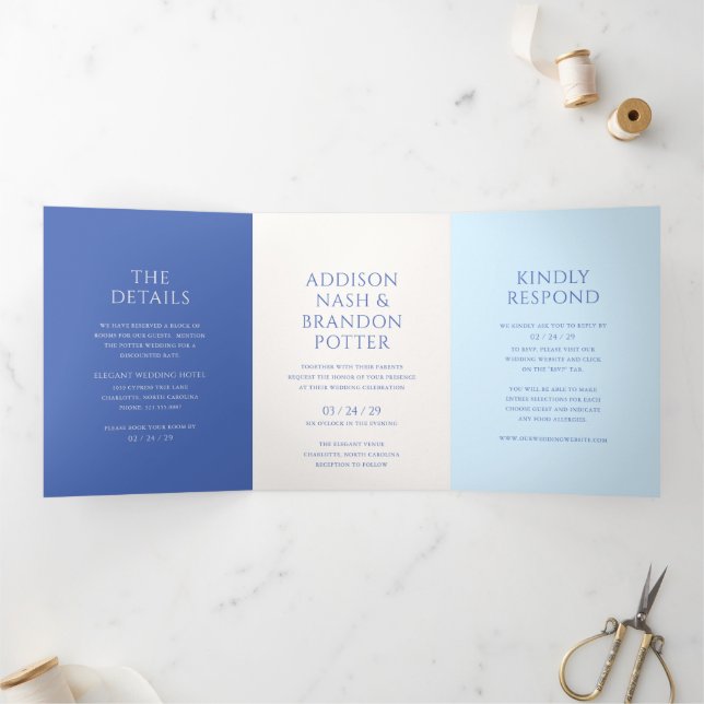 Invitación Tríptica Boda moderna azul elegante (Interior)
