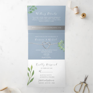 Invitación Tríptica Boda moderna botánica en azul polvoriento