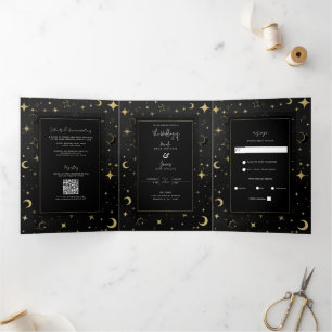 Invitación Tríptica Boda moderna celeste de luna y estrellas negra y d