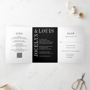 Invitación Tríptica Boda moderna código QR negro negrita