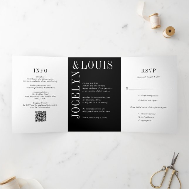 Invitación Tríptica Boda moderna código QR negro negrita (Interior)