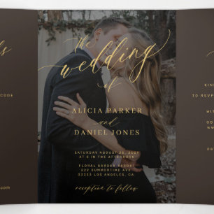 Invitación Tríptica Boda moderna con código QR dorado marrón oscuro pa