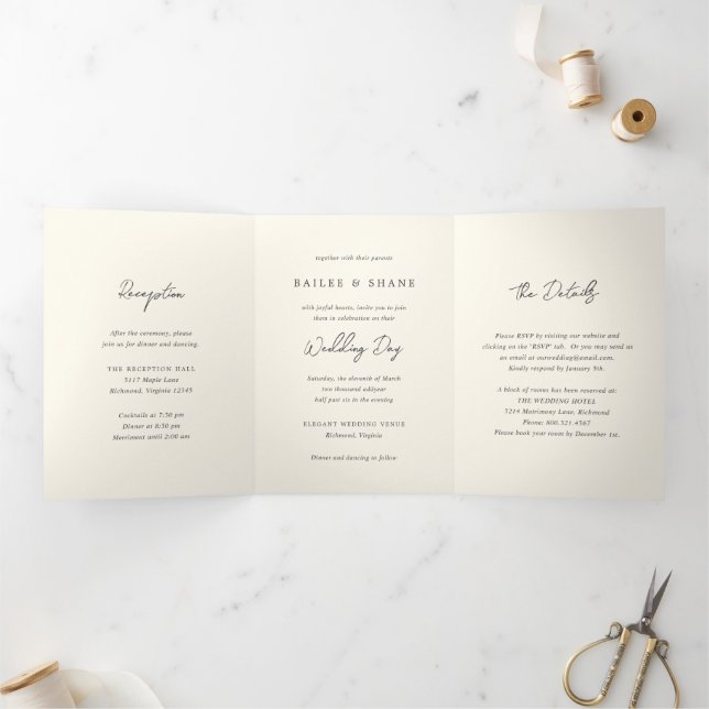 Invitación Tríptica Boda Moderna Crema Simple (Interior)