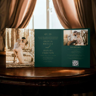 Invitación Tríptica Boda moderna de dos fotos oro verde esmeralda