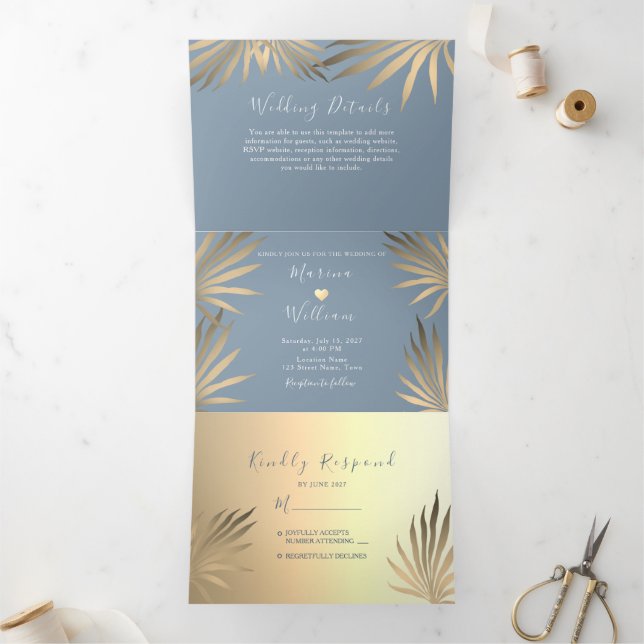 Invitación Tríptica Boda Moderna de Playa en Azul (Interior)