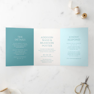 Invitación Tríptica Boda moderna elegante en azul teal