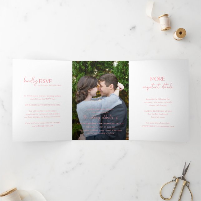 Invitación Tríptica Boda moderna foto rosa chic (Interior)