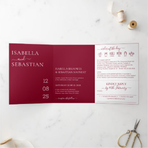 Invitación Tríptica Boda moderna minimalista de burdeos todo en uno