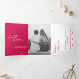 Invitación Tríptica Boda moderna minimalista de color rosa caliente