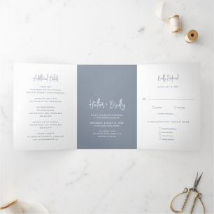 Invitación Tríptica Boda moderna minimalista en azul polvoriento
