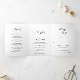 Invitación Tríptica Boda moderna minimalista en blanco y negro