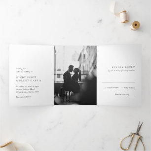 Invitación Tríptica Boda moderna minimalista en foto en blanco y negro