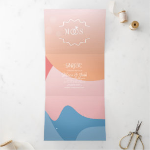 Invitación Tríptica Boda Moderna Orgánica Atardecer Aguas Océano