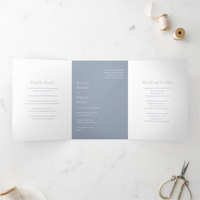 Invitación Tríptica Boda moderna polvorienta azul elegante (Interior)
