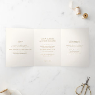 Invitación Tríptica Boda moderna simple de marfil y oro