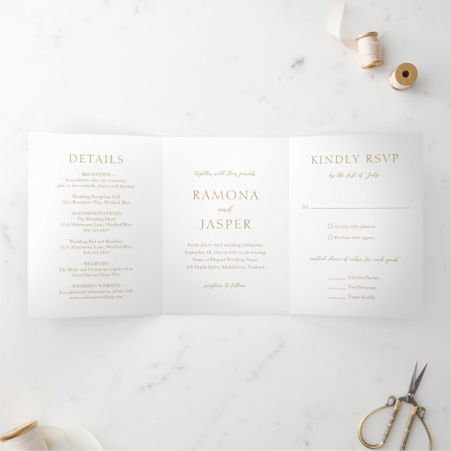 Invitación Tríptica Boda Moderna Simple de Oro en Negrita (Interior)