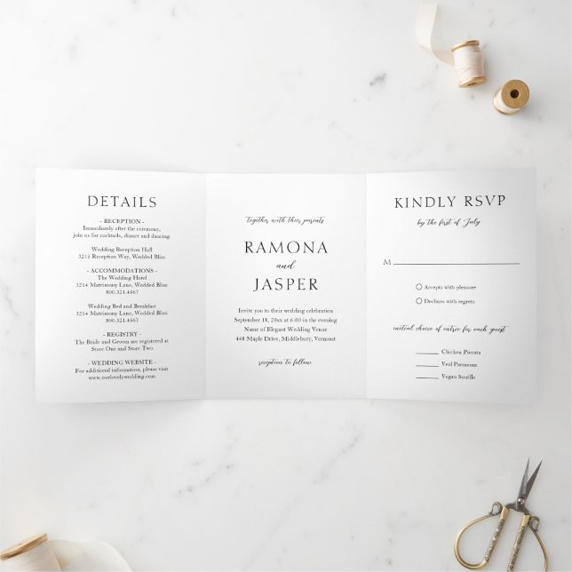 Invitación Tríptica Boda moderna simple en negro y blanco (Interior)