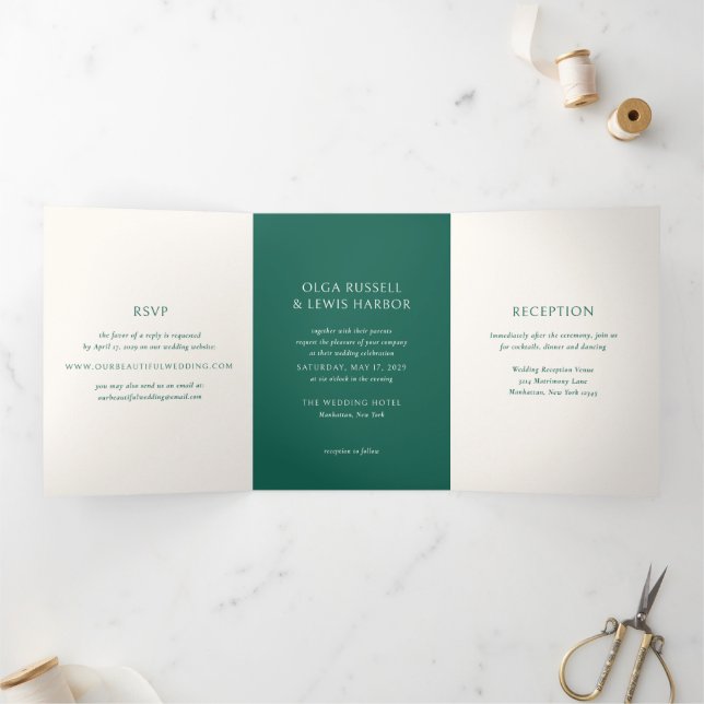 Invitación Tríptica Boda moderna simple esmeralda verde (Interior)