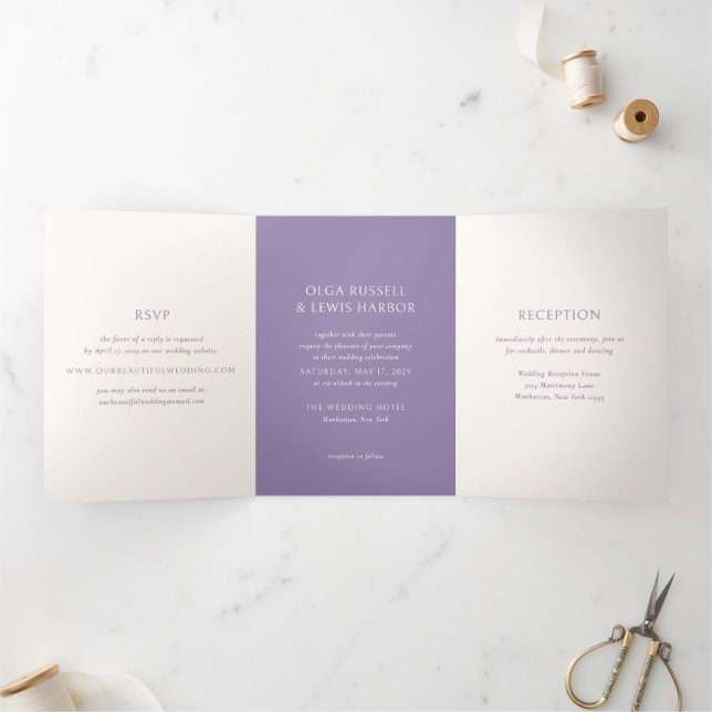 Invitación Tríptica Boda Moderna Simple Morada (Interior)