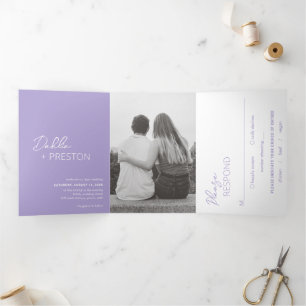 Invitación Tríptica Boda moderno con foto de Lilac mínima