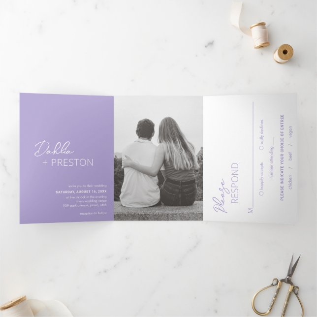 Invitación Tríptica Boda moderno con foto de Lilac mínima (Interior)