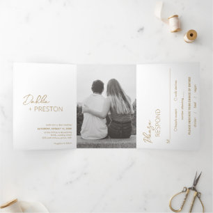 Invitación Tríptica Boda moderno con foto mínima de oro