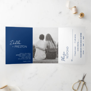 Invitación Tríptica Boda moderno contemporáneo azul de la Marina de Da