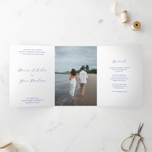 Invitación Tríptica Boda moderno de cobalto azul minimalista (Interior)