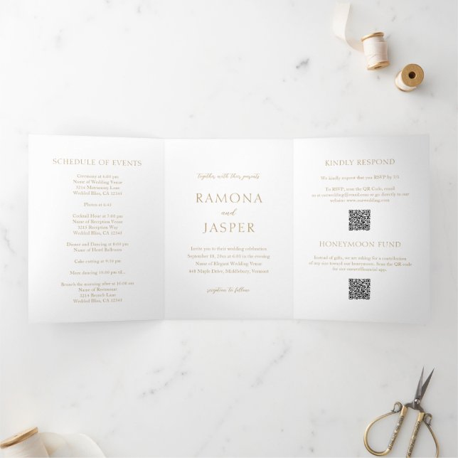 Invitación Tríptica Boda moderno de código QR negrita de oro simple (Interior)