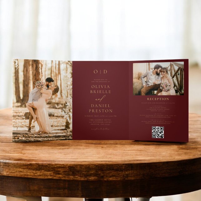 Invitación Tríptica Boda moderno de dos fotos de Borgoña dorada (Subido por el creador)