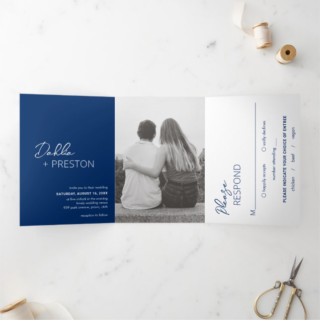 Invitación Tríptica Boda moderno de foto azul de la Marina Mínima (Interior)