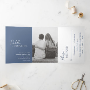 Invitación Tríptica Boda moderno de foto azul turbulenta mínima