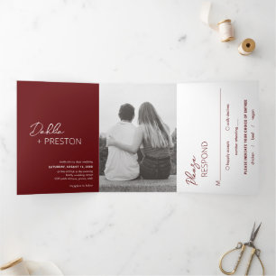Invitación Tríptica Boda moderno de foto mínima en Borgoña