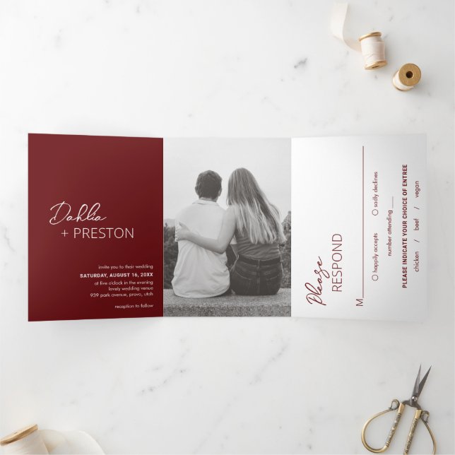 Invitación Tríptica Boda moderno de foto mínima en Borgoña (Interior)