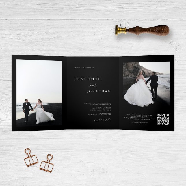 Invitación Tríptica Boda moderno de fotografía de moda, negro (Subido por el creador)