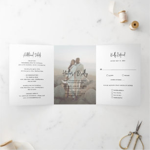Invitación Tríptica Boda moderno de fotografía minimalista en blanco y