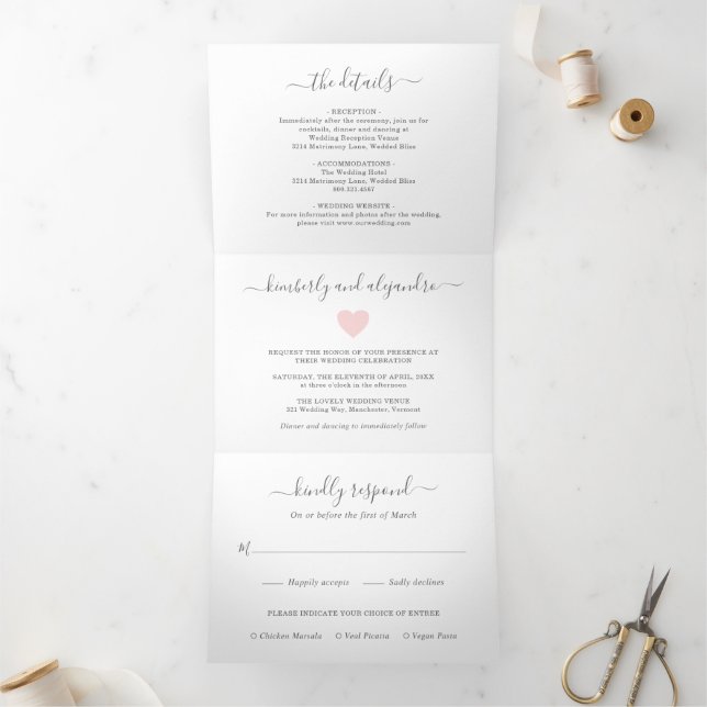 Invitación Tríptica Boda moderno del corazón rosado simple (Interior)