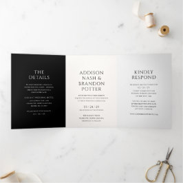 Invitación Tríptica Boda moderno en blanco y negro