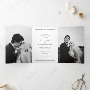 Invitación Tríptica Boda moderno monograma blanco y negro eterno