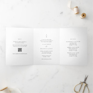 Invitación Tríptica Boda moderno monograma blanco y negro limpio