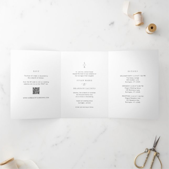 Invitación Tríptica Boda moderno monograma blanco y negro limpio (Interior)