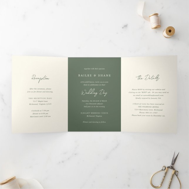 Invitación Tríptica Boda moderno verde oliva simple (Interior)