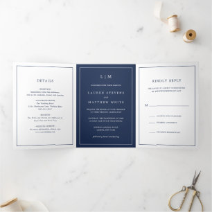 Invitación Tríptica Boda Monograma Azul Marino Simple y Elegante