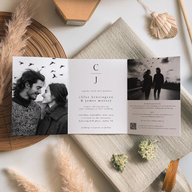 Invitación Tríptica Boda Monograma blanco negro moderno Foto Código QR (Subido por el creador)