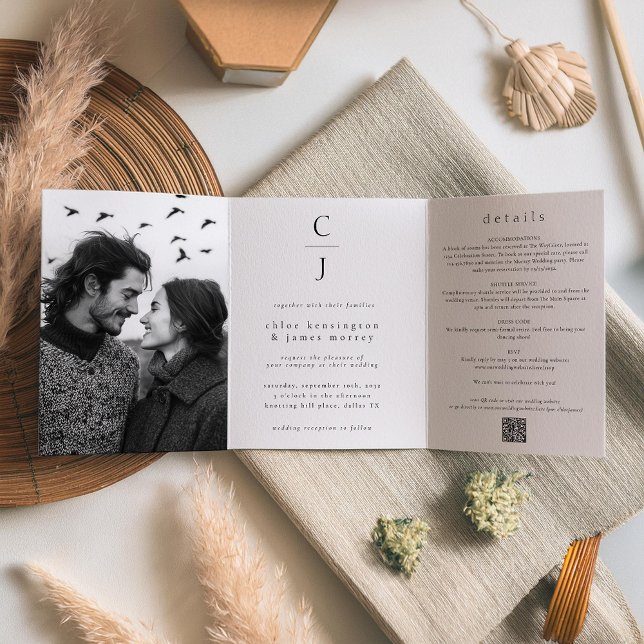 Invitación Tríptica Boda Monograma blanco negro moderno Foto Código QR (Subido por el creador)