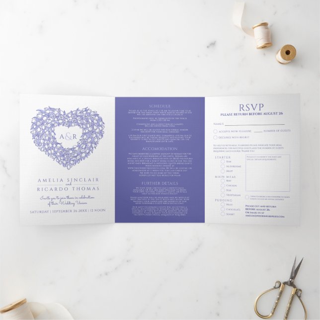 Invitación Tríptica Boda monograma de arte cardíaco azul tulipano blan (Interior)