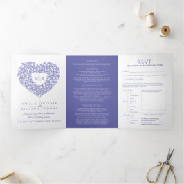 Invitación Tríptica Boda monograma de arte cardíaco azul tulipano blan