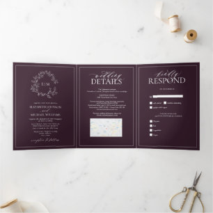 Invitación Tríptica Boda Monograma de Plum Purple Leafy Escudo