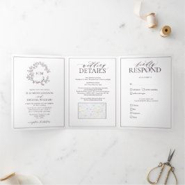 Invitación Tríptica Boda Monograma de Plum Purple Leafy Escudo